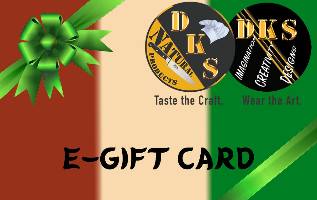 E-gift card with DKS Natural Products branding and a green bow on a multicolored background.