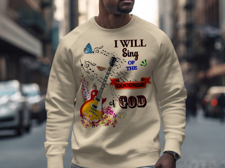 Gildan sweatshirt flat lay with faith and funny graphic prints.