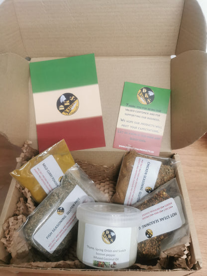 Combo gift box has 4 seasonings blends and 1 infused coconut oil which are gluten free, salt free, msg free and additives free. All products are packed in a brown box with a thank you card and a personalised gift note card which is handwritten with up to 150 characters. Choose your own seasoning blends, coconut oil for your gift box.