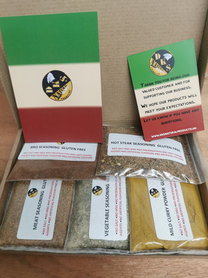 Seasoning blend letter box gift has 5 seasonings blends which are gluten free, salt free, msg free and additives free. All products are packed in brown letter box with a thank you card and a personalised gift note card which is handwritten with up to 150 characters. Choose your own seasoning blends for your gift box