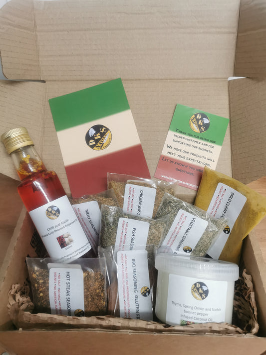 Combo gift box has 7 seasonings blends, 1 infused coconut oil and 1 infused rapeseed oil which are gluten free, salt free, msg free and additives free. Rapeseed Oil is wrapped in a honey hive paper. All products are packed in a brown box with a thank you card and a personalised gift note card which is handwritten with up to 150 characters. Choose your own seasoning blends, coconut oil & rapeseed oil for your gift box.