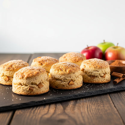 Baked scones on a slate board with apples and cinnamon sticks in the background