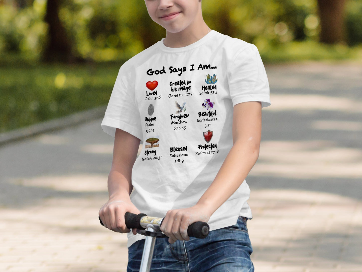 Celebrate your child’s identity in Christ with this empowering Bella+Canvas 3001Y t-shirt! Featuring "God Says I Am" and paired with symbolic icons like a fingerprint for “Unique – Psalm 139:14,” this soft, breathable tee helps kids embrace their worth in God’s eyes. 