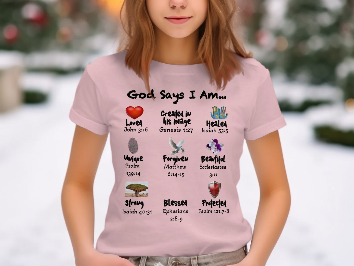 God Says I Am – Christian Kids T-Shirt with Scripture & Icons