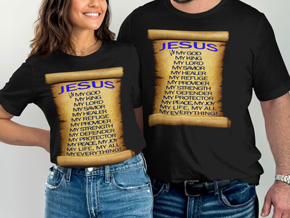 Two people wearing black t-shirts with a 'Jesus' graphic and text.