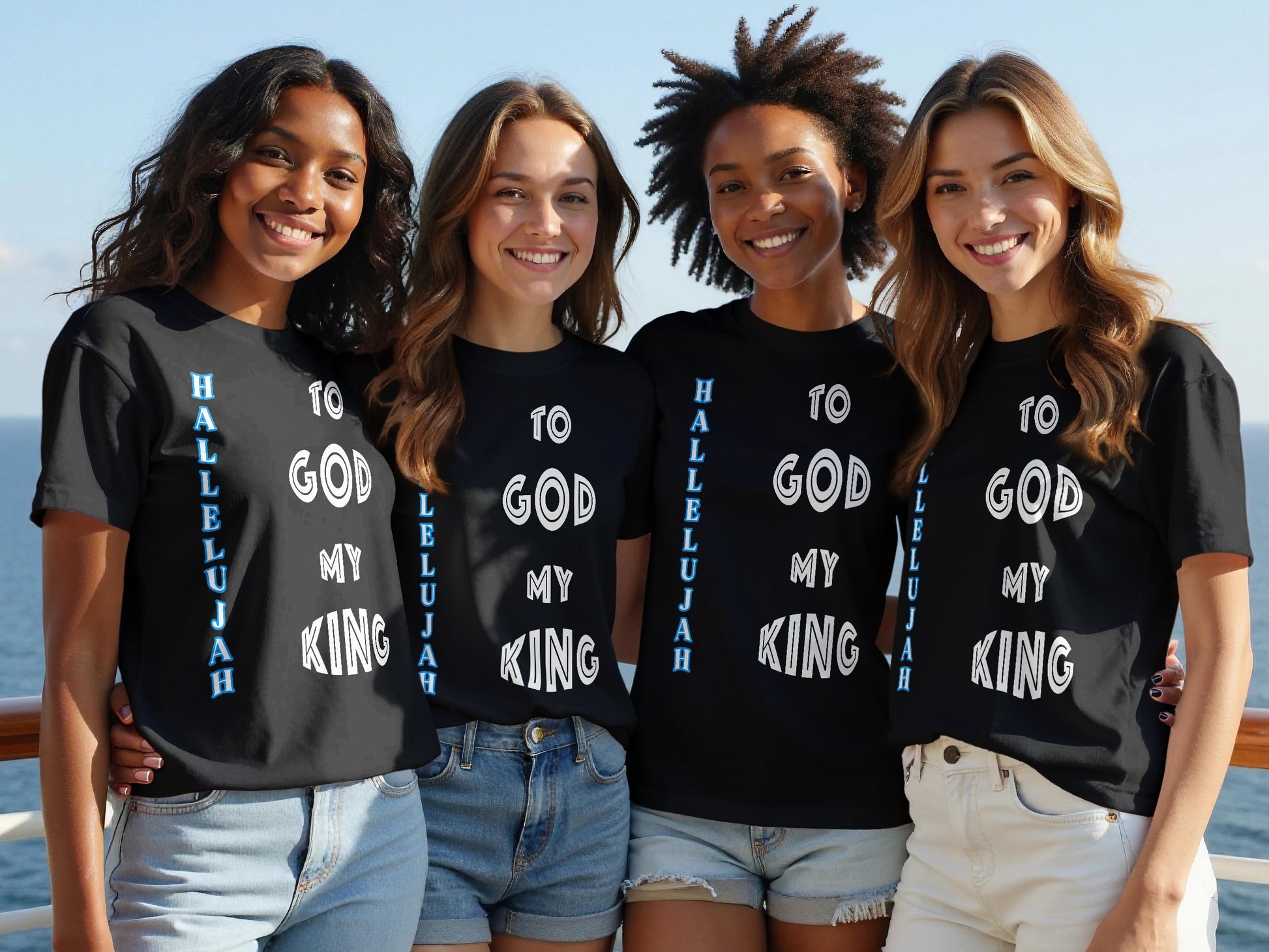 Four women wearing black t-shirts with 'To God My King' text, standing together on a boat.