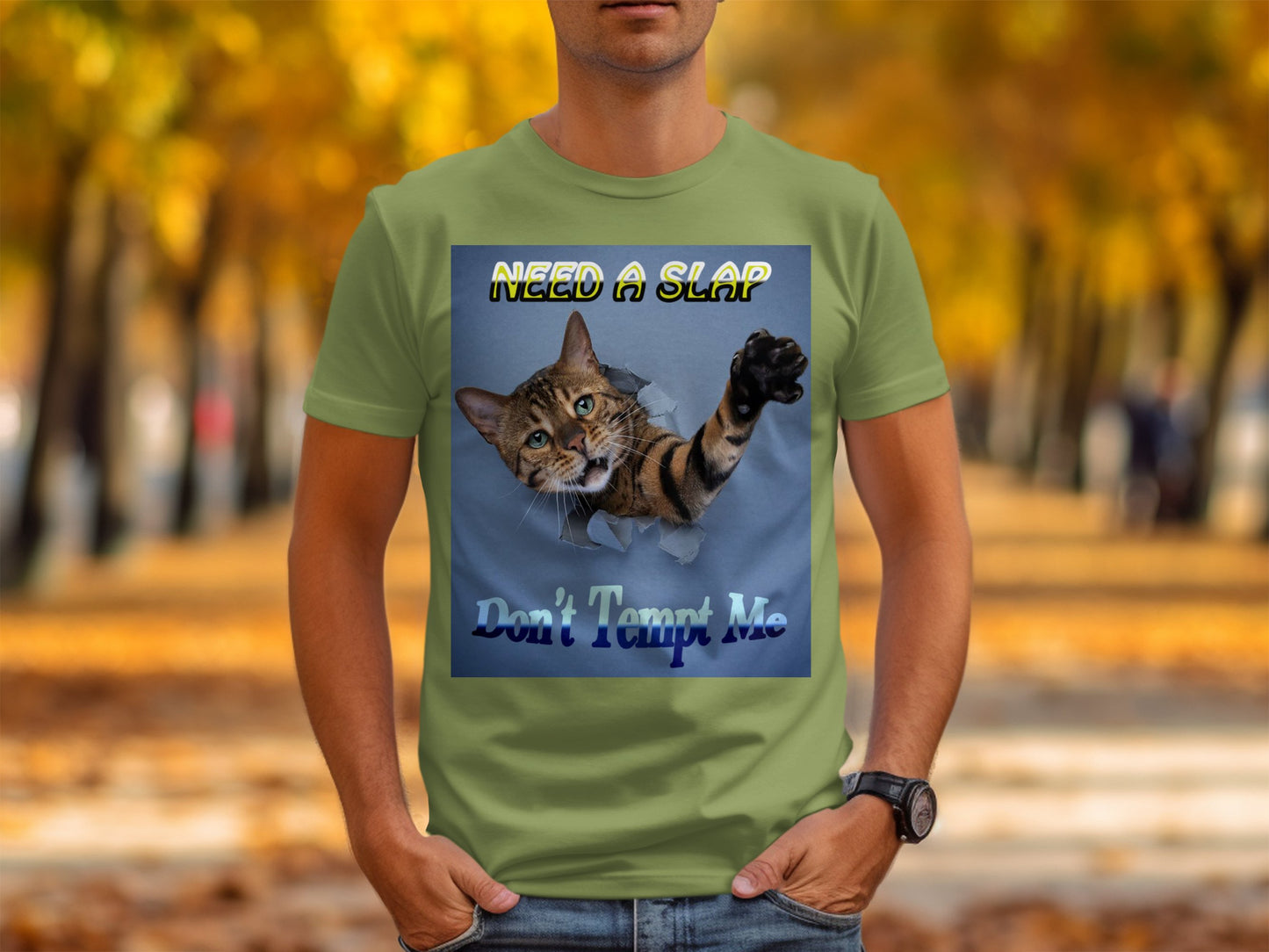 Need a Slap, Don’t Tempt Me – Funny Cat T-Shirt with Popping Cat Design