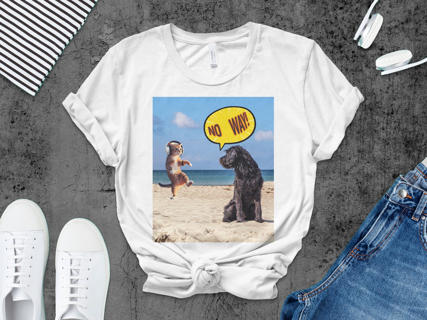 Dog Saying "No Way" to Dancing Cat T-Shirt – Funny Pet Beach Tee