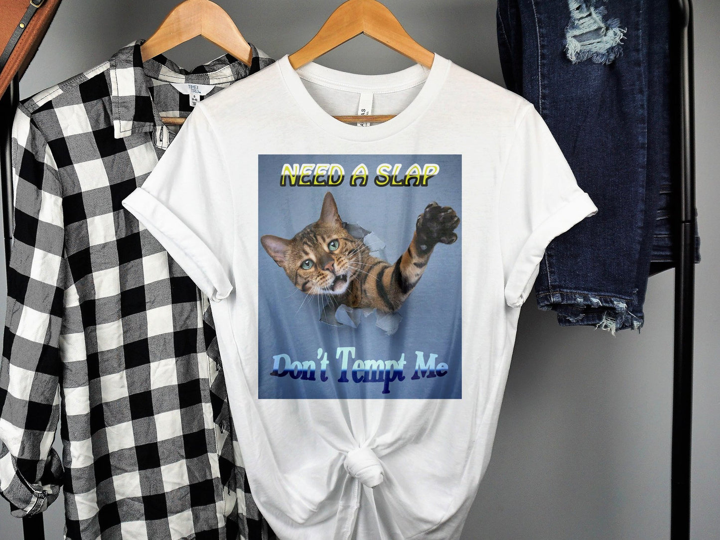 Need a Slap, Don’t Tempt Me – Funny Cat T-Shirt with Popping Cat Design