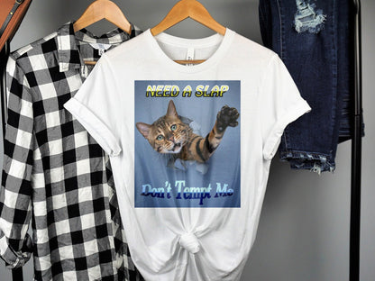Need a Slap, Don’t Tempt Me – Funny Cat T-Shirt with Popping Cat Design