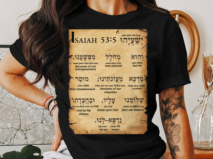 Wear the Word of God across languages and generations. This t-shirt features Isaiah 53:5 displayed on a scroll in Hebrew and English, complete with Hebrew pronunciation for meaningful connection and understanding. Printed on the soft and stylish Bella+Canvas 3001 unisex tee, it's a conversation-starting design perfect for everyday faith and believe in healing.