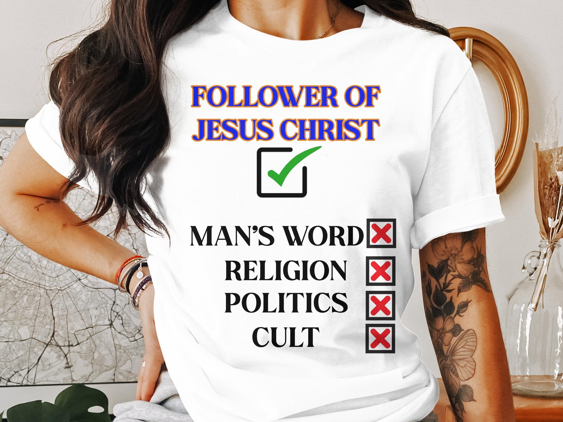 Make a clear statement of where your loyalty lies. This “Follower of Jesus Christ” Bella+Canvas 3001 Unisex tee boldly features a green check next to Jesus and red Xs beside man’s word, religion, politics, and cults. Designed for believers who walk in truth—not traditions.