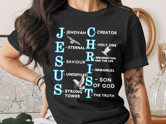 Celebrate the powerful name of Jesus Christ with this soft and stylish Bella+Canvas 3001 unisex t-shirt, featuring a creative acronym where each letter unveils a faith-filled word—J for Jehovah, E for Eternal, S for Saviour, and more. The design is complemented by three peaceful doves, symbolizing the Holy Spirit and divine peace.