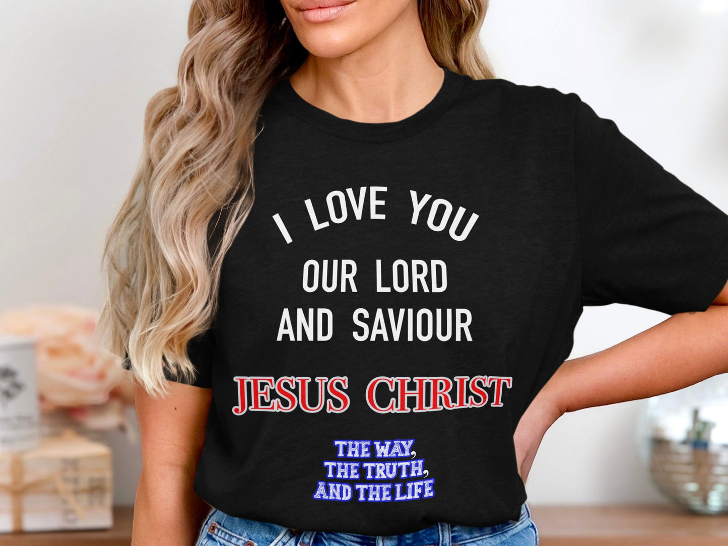 Express your devotion with this soft and meaningful t-shirt. Featuring the powerful phrase "I love You Our Lord and Saviour Jesus Christ – The Way, The Truth, The Life", this tee is a bold reminder of your walk in faith. Made from premium Bella+Canvas 3001 fabric
