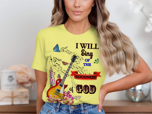 Worship and style unite in this beautifully designed&nbsp;"I Will Sing of the Goodness of God" t-shirt. Featuring elegant illustrations of musical notes, a guitar, butterflies, and flowers, this Bella+Canvas 3001 unisex tee is soft, lightweight, and perfect for expressing your faith and love of music. A gentle reminder of God’s goodness, wrapped in wearable art.