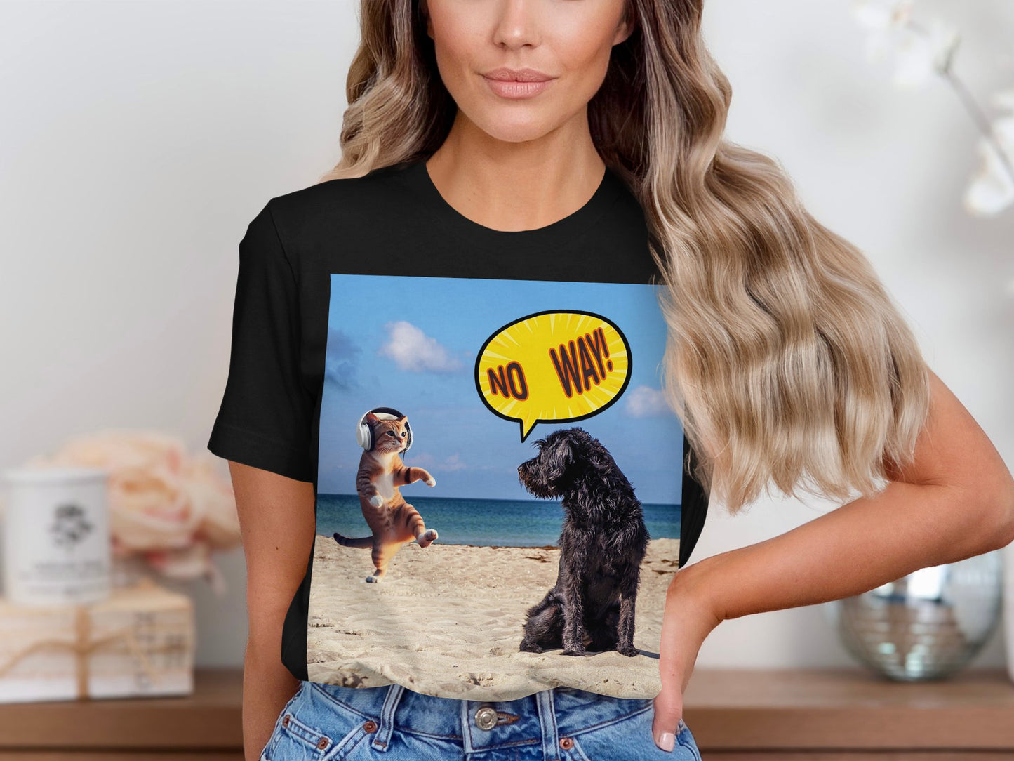 Dog Saying "No Way" to Dancing Cat T-Shirt – Funny Pet Beach Tee