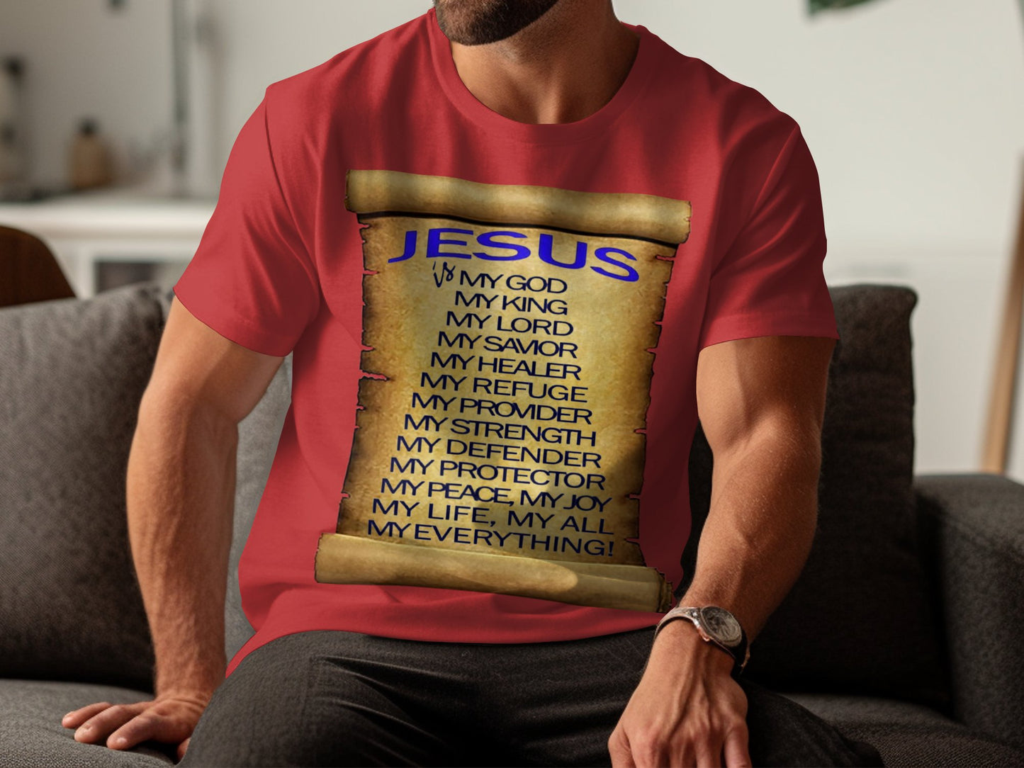 Wear your faith proudly with this inspirational Christian t-shirt. Featuring bold typography that honors Jesus as “My God, My King, My Healer, My Everything”—this unisex Bella+Canvas 3001 shirt offers a modern, flattering fit with unmatched softness.