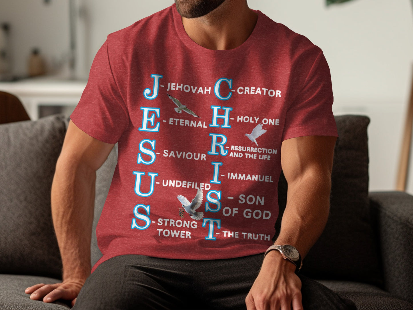 Jesus Christ Acronym T-Shirt – Dove Design with Christian Word Meaning by Letter – Faith-Based Tee
