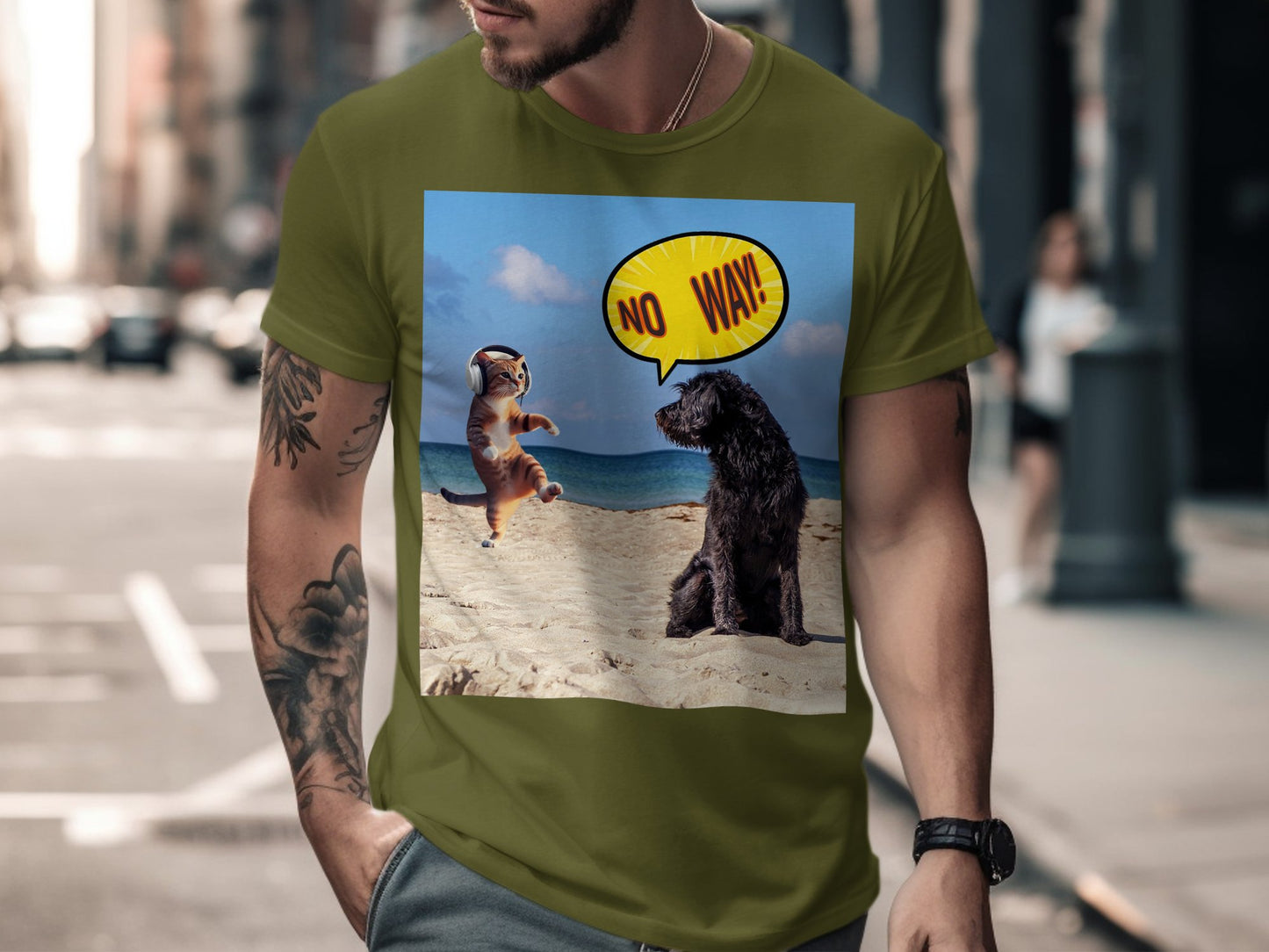 Dog Saying "No Way" to Dancing Cat T-Shirt – Funny Pet Beach Tee