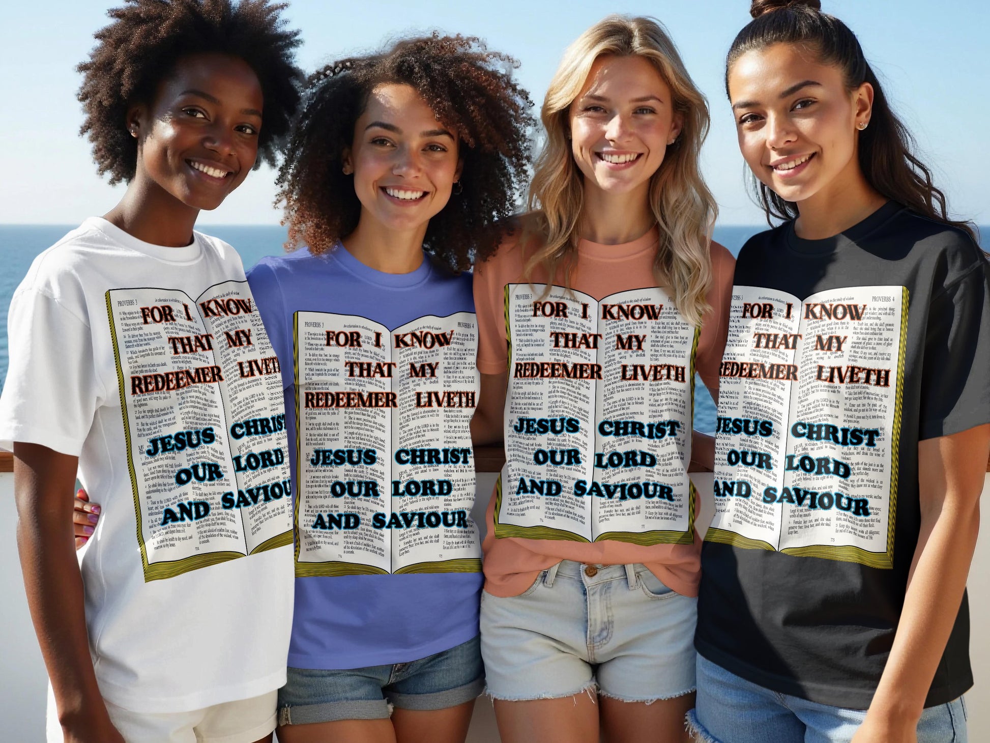Four women wearing t-shirts with religious text and graphics on a beach.