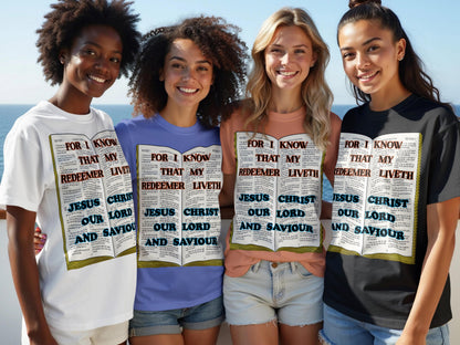 Four women wearing t-shirts with religious text and graphics on a beach.