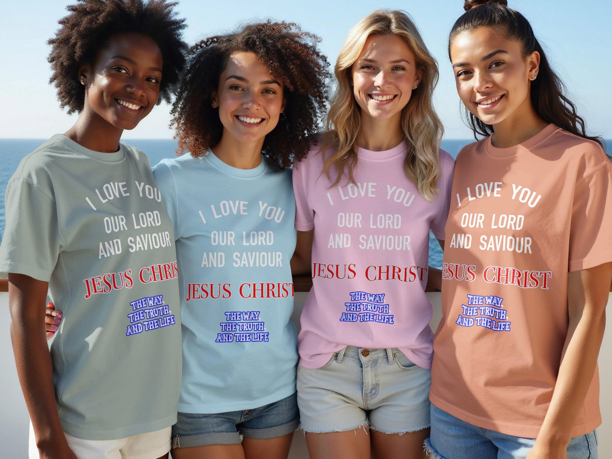 Four women wearing t-shirts with religious text by the ocean.