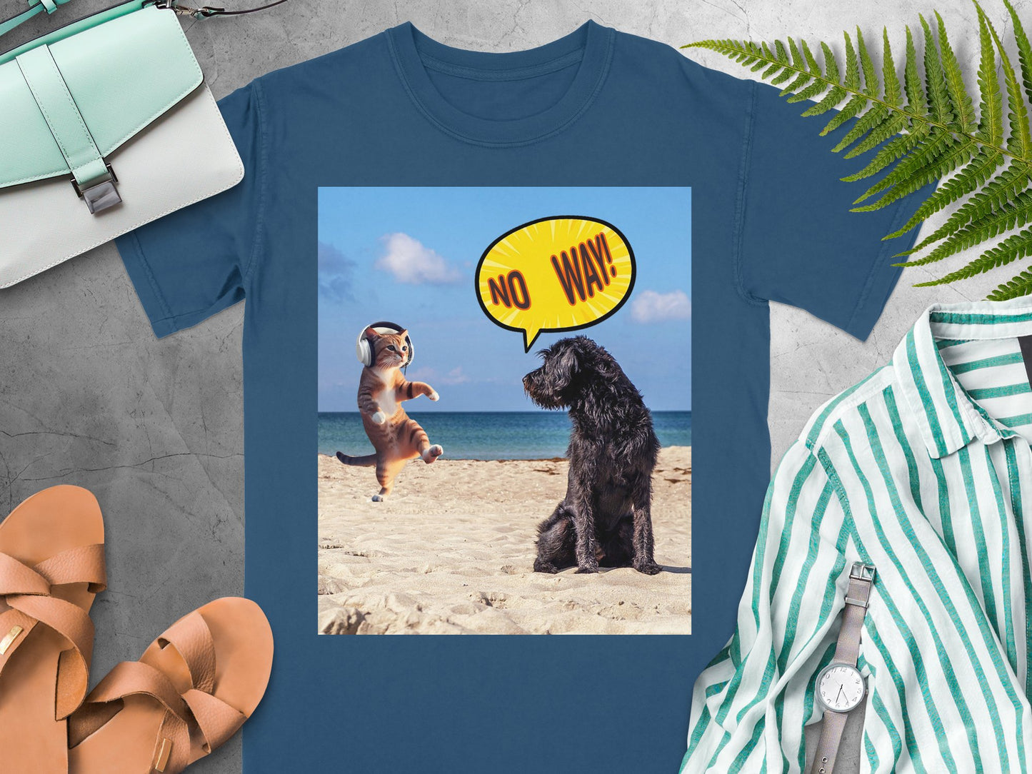 Dog Saying No Way to Dancing Cat T-Shirt – Funny Pet Beach Tee