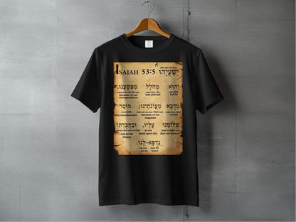 Isaiah 53:5 Hebrew & English Scroll T-Shirt – Christian Scripture Tee with Pronunciation