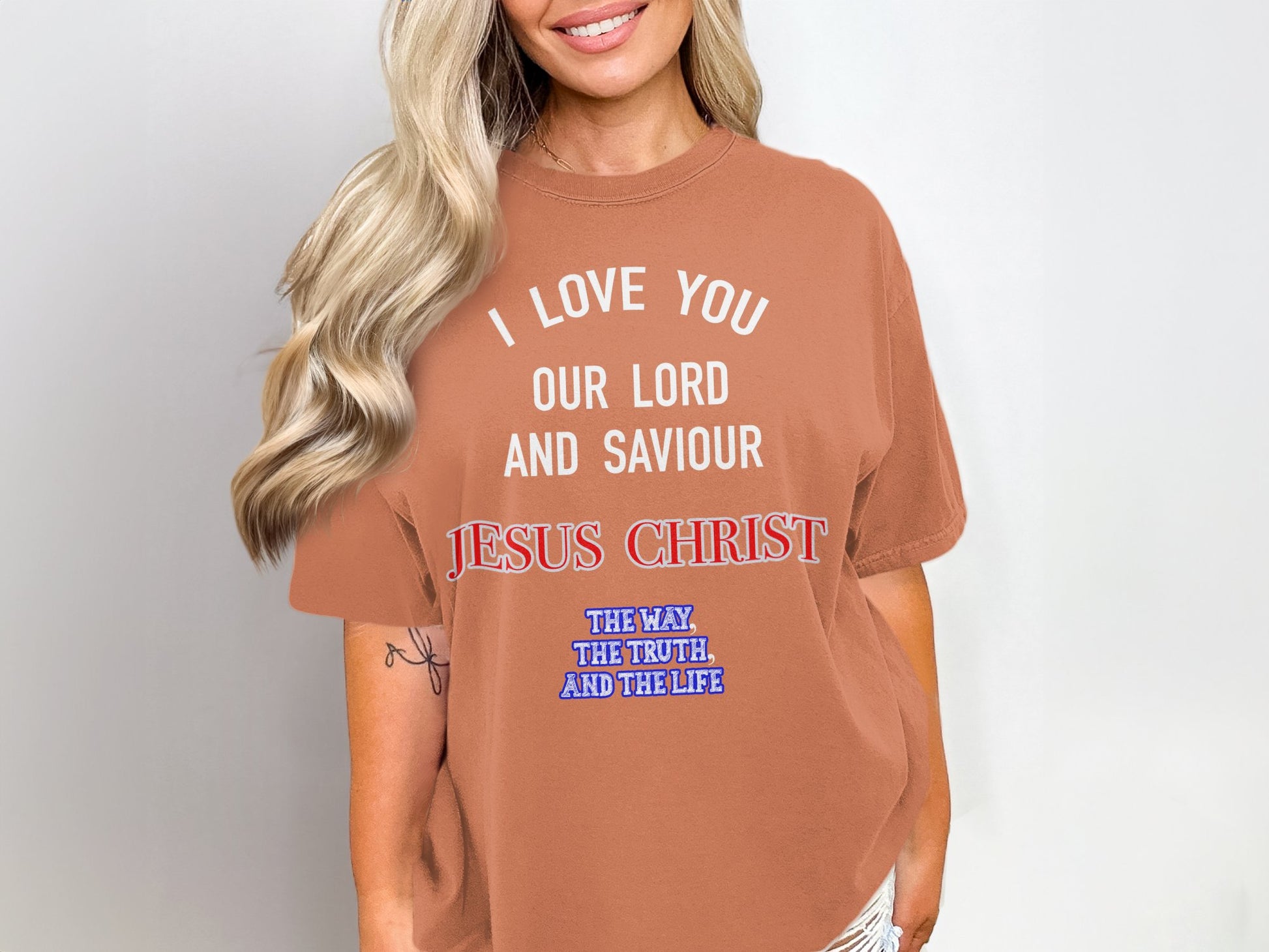 Show your love for Jesus in vintage comfort. Printed on the soft-washed Comfort Colors 1717 unisex tee, this shirt features the message: "I love You Our Lord and Saviour Jesus Christ – The Way, The Truth, The Life". It’s relaxed, durable, and perfect for wearing your faith with pride in a laid-back style.&nbsp;