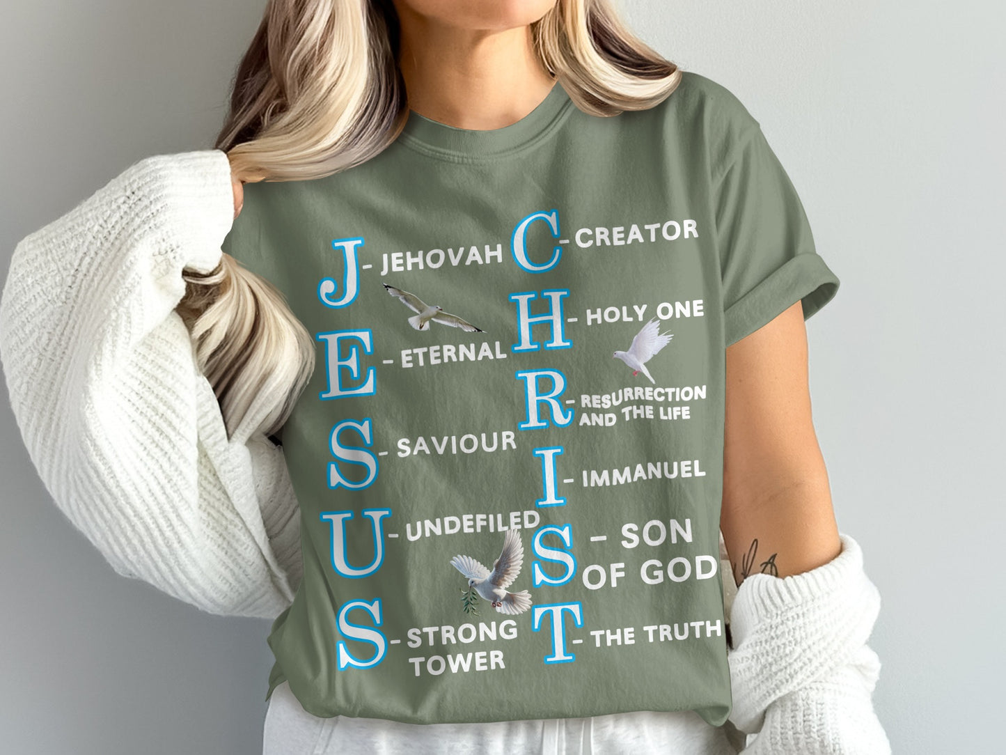 Jesus Christ Acronym T-Shirt – Dove Design with Christian Word Meaning by Letter – Faith-Based Tee