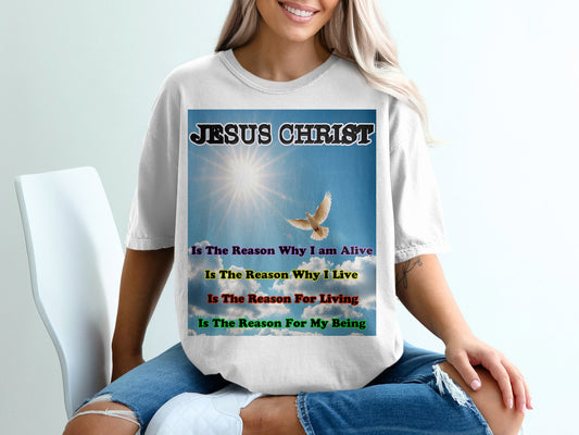Celebrate your faith in comfort and style with this powerful Comfort Colors 1717&nbsp; unisex tee, beautifully declaring: "Jesus Christ is the reason why I am alive, the reason for why I live, the reason for living, the reason for my being." Designed with a peaceful dove in the sunshine, this garment-dyed shirt offers a relaxed fit and vintage feel perfect for reflecting His light.