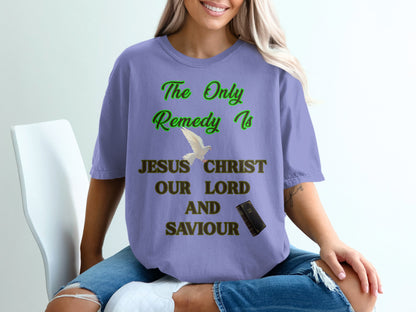 Wrap yourself in both comfort and faith with this Comfort Colors 1717 garment-dyed unisex t-shirt. Featuring the message:
“The Only Remedy is Jesus Christ Our Lord and Saviour”
and paired with a beautiful dove and Bible image, this relaxed-fit tee combines spiritual power with vintage style.