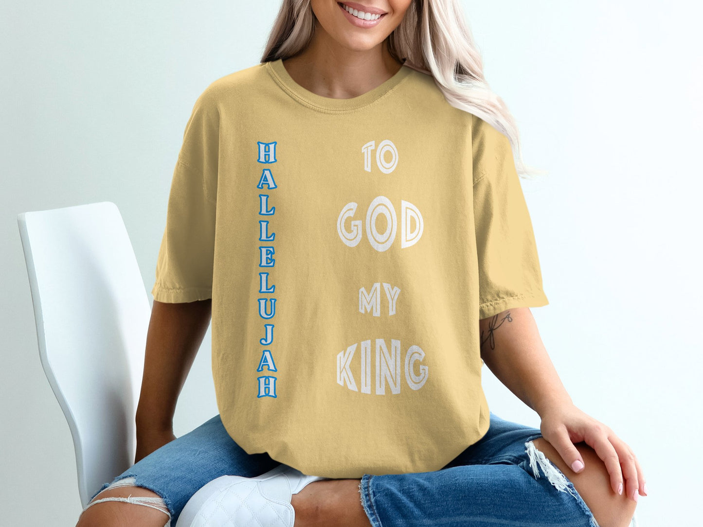 Declare your love for the King in timeless comfort with this Comfort Colors 1717 unisex t-shirt. Featuring the bold text “Hallelujah to God My King,” this garment-dyed tee delivers vintage charm with a deep spiritual message. Its relaxed fit and ultra-soft texture make it ideal for faith-filled living and laid-back worship.