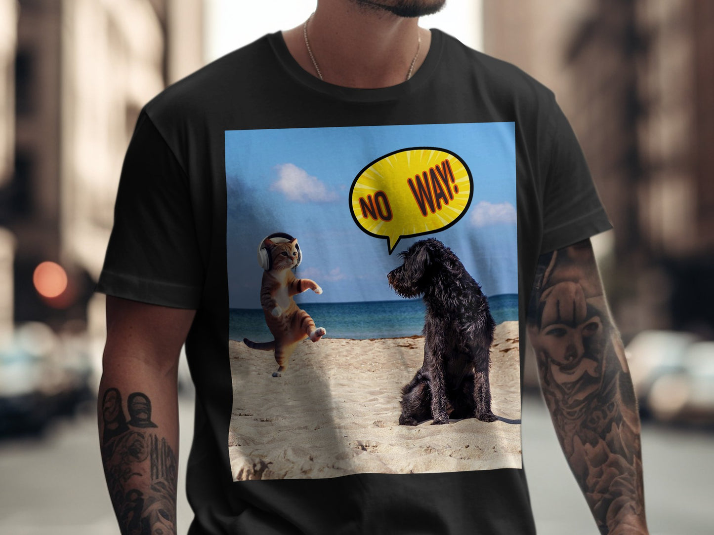Dog Saying No Way to Dancing Cat T-Shirt – Funny Pet Beach Tee