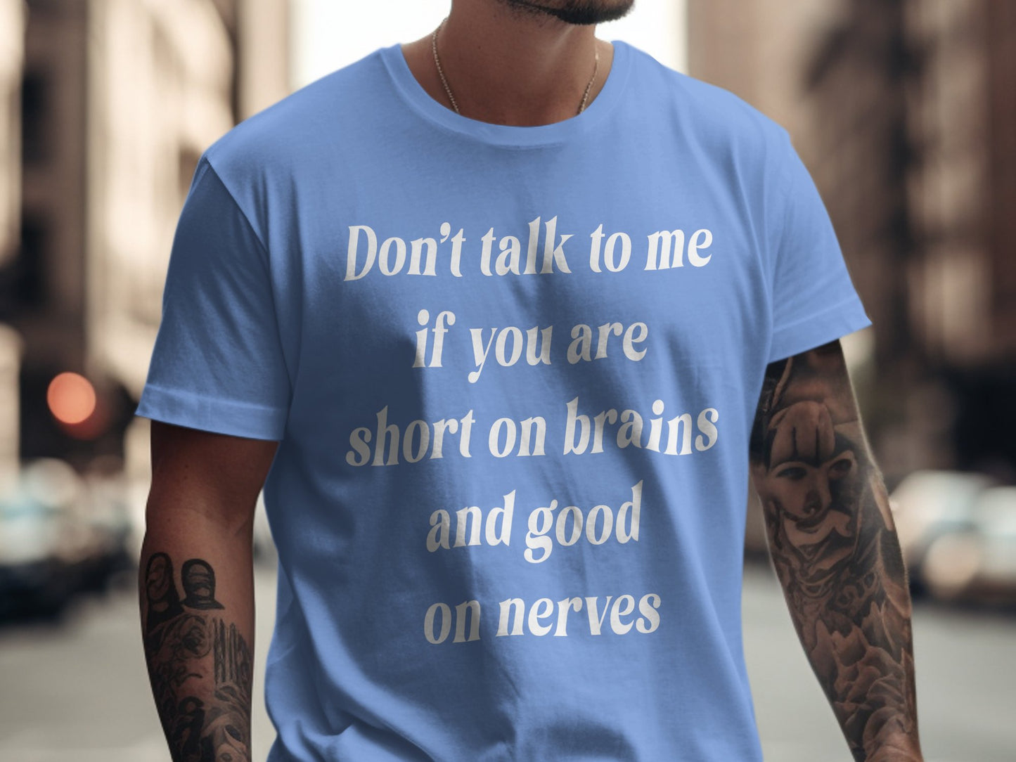 Warning label: activated. “Don’t talk to me if you’re short on brains and good on nerves.”Printed on our Comfort Colors 1717 unisex tee, this shirt is for the no-nonsense crowd who&nbsp;know their limits—especially when it comes to foolishness. Soft, washed, and straight to the point.