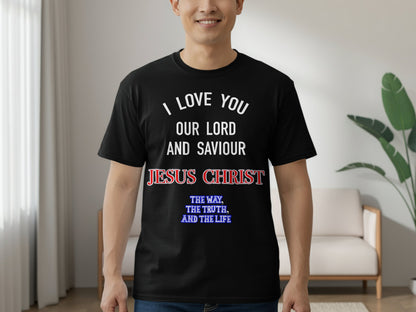 Person wearing a black t-shirt with religious text in a living room.