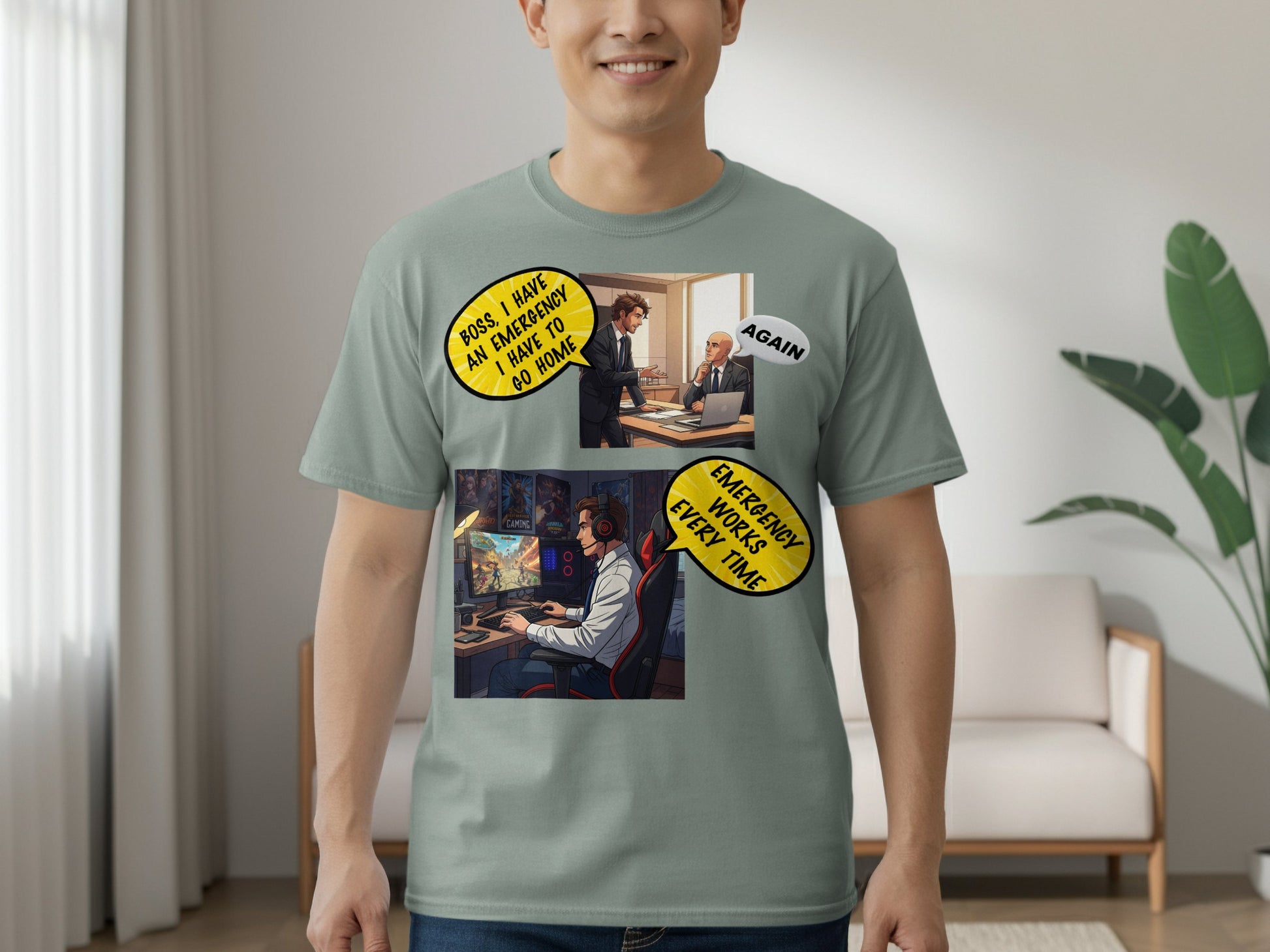🎮 Emergency or Gaming Time?
This Comfort Colors 1717 unisex tee adds laid-back vibes to a hilarious illustrated gamer story. Soft-washed and garment-dyed, it features two graphic panels:

1️⃣ Employee using “emergency” to leave work
2️⃣ At-home gamer living it up in his chair with “Emergency works every time”