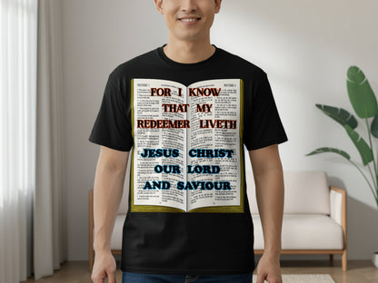 Express your devotion with cozy comfort and a bold declaration. This Comfort Colors 1717 Unisex tee features the scripture-inspired phrase “For I Know My Redeemer Liveth” paired with “Jesus Christ Our Lord and Saviour,” printed over a Bible. The garment-dyed softness and relaxed fit make it ideal for thoughtful reflection and everyday witnessing.