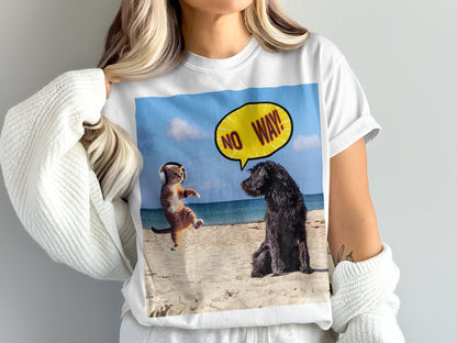 Dog Saying No Way to Dancing Cat T-Shirt – Funny Pet Beach Tee
