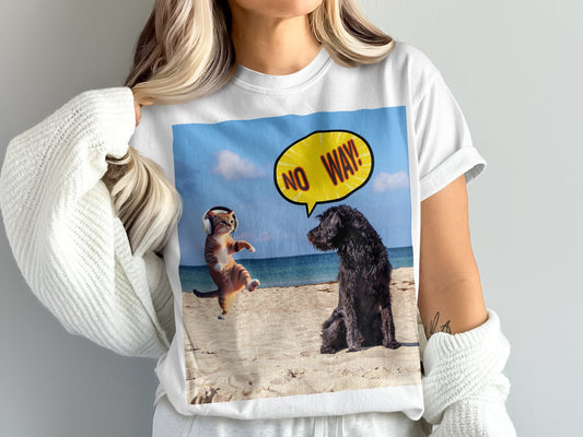 Dog Saying No Way to Dancing Cat T-Shirt – Funny Pet Beach Tee