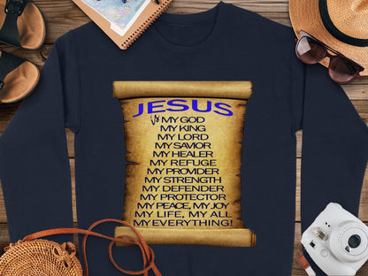 Jesus Is My God King Provider Sweatshirt – Christian Scroll Design