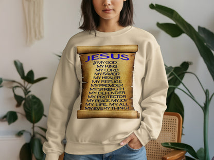 Jesus Is My God King Provider Sweatshirt – Christian Scroll Design