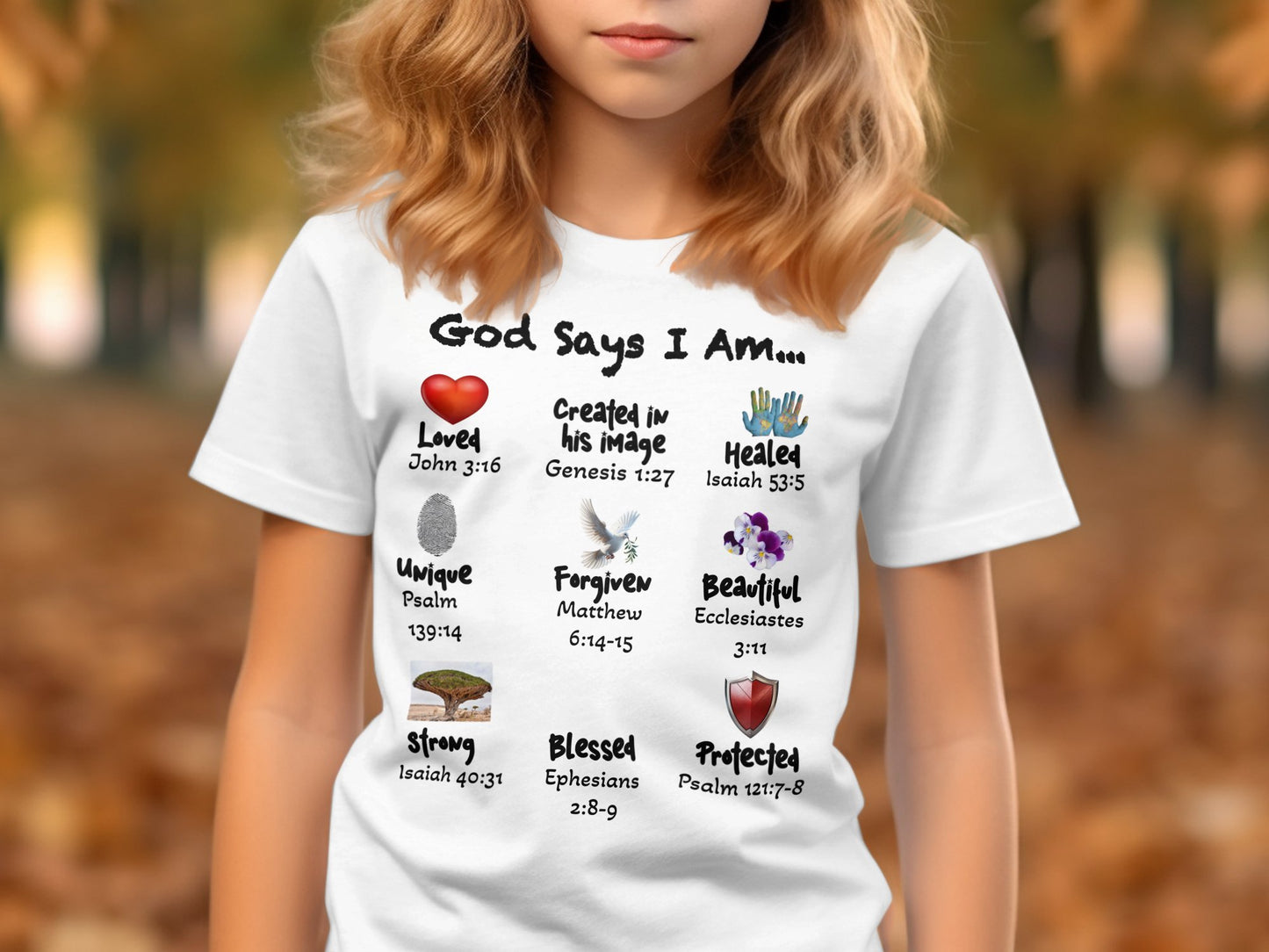 God Says I Am – Christian Kids T-Shirt with Scripture & Icons