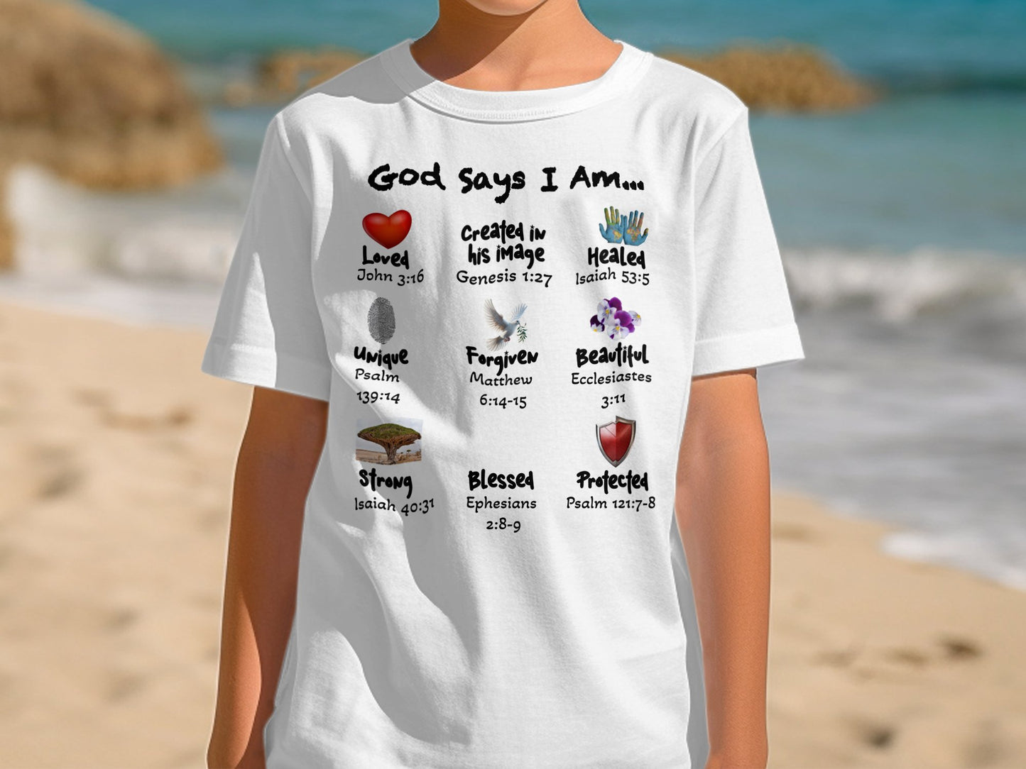 God Says I Am – Christian Kids T-Shirt with Scripture & Icons