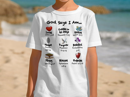 God Says I Am – Christian Kids T-Shirt with Scripture & Icons
