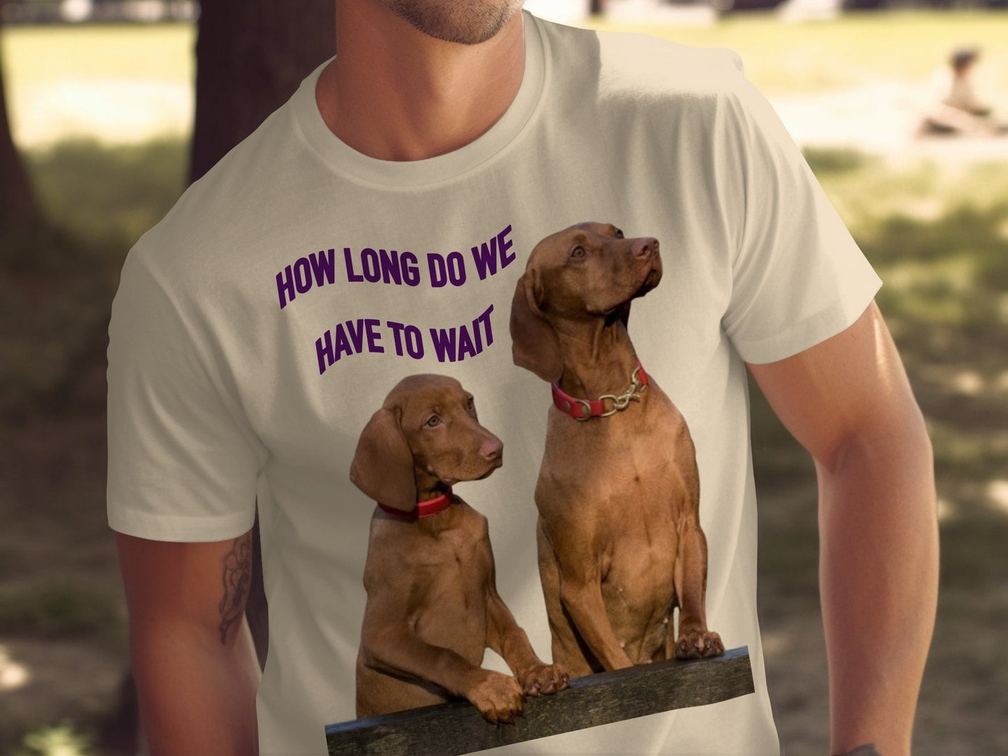 When your dogs are more dramatic than you are.
This super-soft Bella+Canvas 3001 unisex t-shirt features two adorable, impatient pups and the hilarious quote:
How long do we have to wait?