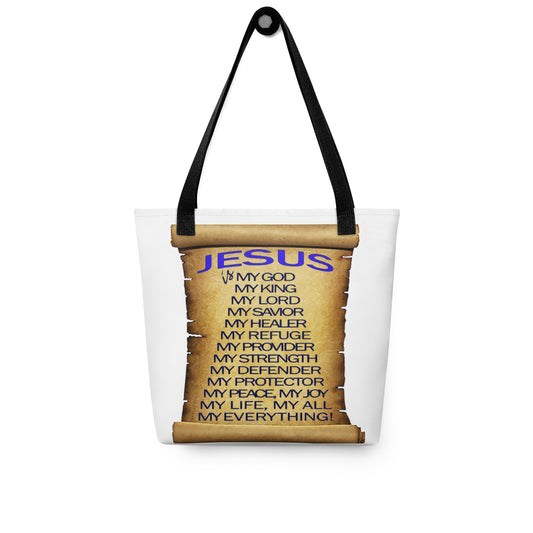 Carry your faith proudly with this “Jesus is my God, King, Provider, and everything” tote bag. Designed with a classic scroll background, this tote symbolizes devotion, gratitude, and praise. Each title beautifully declares who Jesus is — your strength, peace, and provider — making this tote a meaningful reminder of faith in daily life. Perfect for shopping, work, or church.