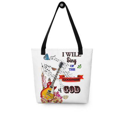 Carry joy and faith wherever you go with this uplifting “I will sing of the goodness of God” tote bag. Featuring a graceful design with a guitar, butterflies, and delicate flowers, it celebrates worship, gratitude, and the beauty of God’s love. Made from durable, eco-friendly fabric, it’s ideal for church, errands, or everyday inspiration.
