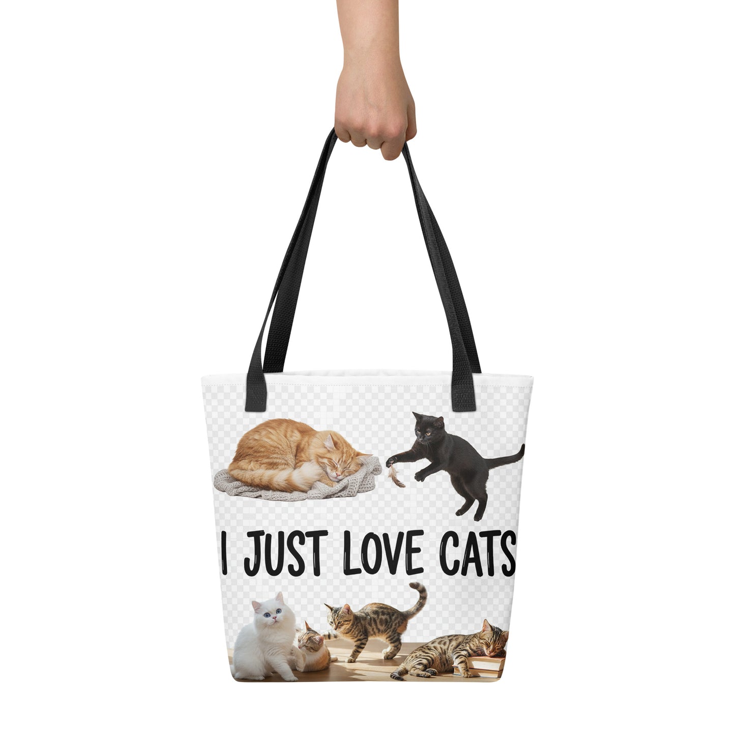Show your love for your feline friends with this charming “I Just Love Cats” tote bag! Featuring playful, resting, and jumping cats, this design captures every mood of your favourite furry companions. Made from durable fabric with vivid, long-lasting prints, it’s perfect for everyday errands, cat events, or simply showing off your love for all things kitty.