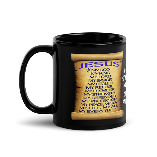 Start your day with bold praise. This black ceramic mug features a powerful scroll design with the name “Jesus” in bold typography—each line declaring:

My God.
My King.
My Healer.
My Everything.

At the center, the heartfelt declaration:
“God, I give You the honour, the glory, and the praise.”